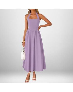 TRUEDAMES Summer Fashion Temperament Wide Suspender Neck Halter Dress - Purple