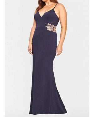 Faviana Jersey Long Dress With Beaded Lace Applique - Blue