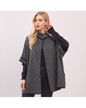 TRUEDAMES Faux Leather Buckle Accent Striped Poncho Cardigan - Black