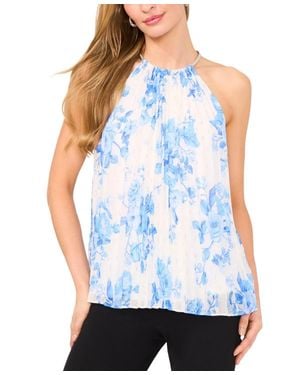 Msk Top Airy Floral Chiffon Pleated Sleeveless Halter Neck Pal49 - Blue