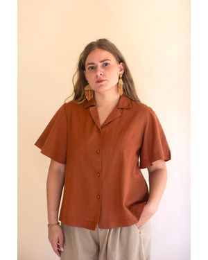 KALALOU Short-Sleeve Buttondown Blouse With Collar - Orange