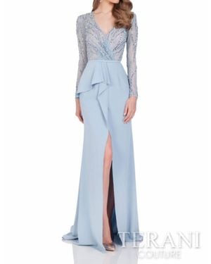 Terani Long Sleeve Wrap Trumpet Skirt Gown - Blue