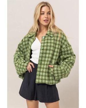 TRUEDAMES Tweed Plaid Button Up Collared Neck Jacket - Green