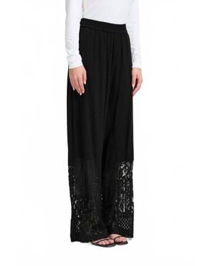 Ichi Marila Stripe Lace Hem Wide Leg Pants - Black