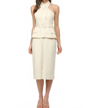 Fate Cross Over Neck Belted Midi Dress - Natural