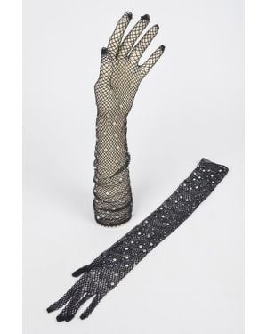 Fashnzfab Rhinestone Mesh Long Gloves - Black
