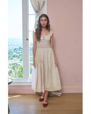 Moon River Clip Dot Ruffle Detail Smocked Midi Dress - Multicolor