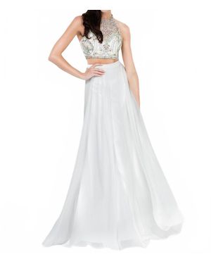 Lucci Lu 2 Piece Long Chiffon Rhinestone Dress - White