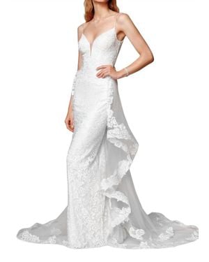 Clarisse Beaded Lace Deep V-Neck Maxi Sheath Dress - White