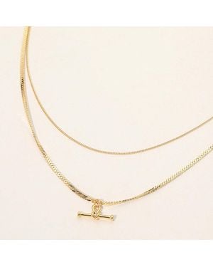 Fashnzfab 18K Dipped Toggle Clasp Pendant Accent Double Layered Chain Necklace - Natural