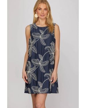 She + Sky Sleeveless Embroidered Shift Dress - Blue