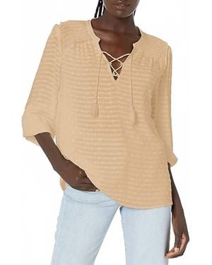 PAIGE Shaylene Ruffled Quarter Sleeve Lace Up Top - Natural