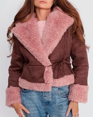 Pretty Garbage Faux Suede Shearling Jacket - Red