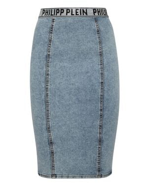 Philipp Plein Denim Super Stretch Skirt Stones Tm With Crystals - Blue
