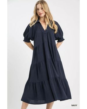 TRUEDAMES Solid Tiered Midi Dress - Blue