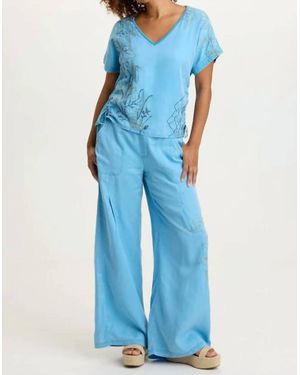 XCVI Embroidered Dacia Twill Pleated Wide Pants - Blue