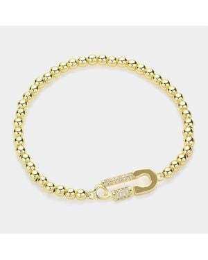 Fashnzfab Stainless Steel Stone Paved Safety Pin Charm Pointed Stretch Bracelet - Metallic