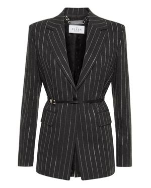 Philipp Plein Pinstriped Belted Blazer - Black