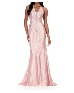 Ashley Lauren Fitted Jersey Open Back Prom Gown - Pink