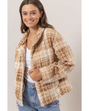 TRUEDAMES Plaid Collared Neck Boucle Jacket With Pockets - Brown