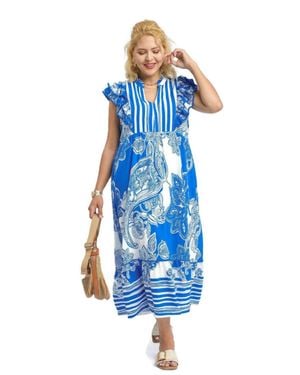 Umgee Mixed Print Two Tone Maxi Dress - Blue