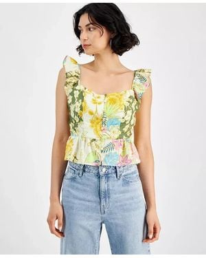 Guess Carine Top Floral Peplum Hem Ruffled Straps Fts1139 - Blue