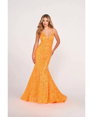 Ellie Wilde V-Neck Sequin Mermaid Prom Gown - Orange