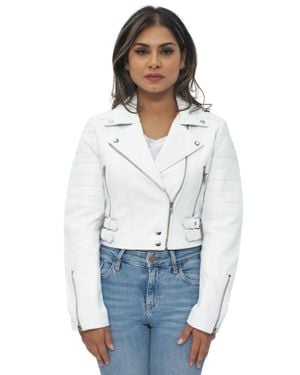 Infinity Leather Cropped Brando Leather Biker Jacket-Damascus - White