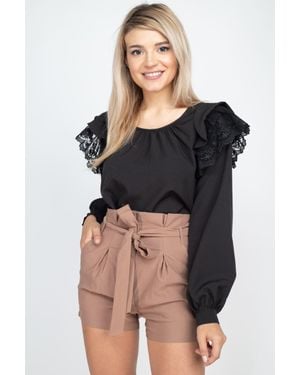 TRUEDAMES Balloon Sleeve Lace Ruffle Top - Black