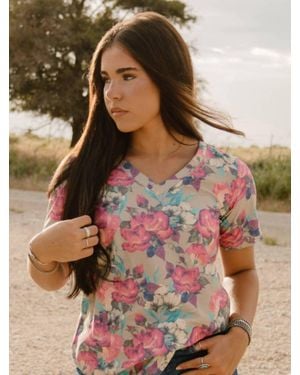 Sterling Kreek Floral V-Neck Boutique Top - Brown