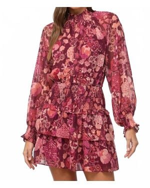 Fate Chiffon Floral Lurex Smocked Waist Dress - Red