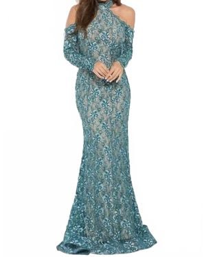Jovani Long Sleeve Cold-Shoulder Lace Evening Gown - Blue