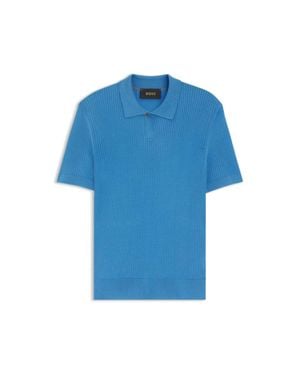 BOSS Silk Knit Polo With Ribbed Texture - Blue