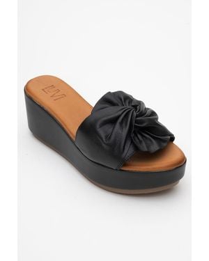 Forever & Always Shoes Syndra Bow Wedge Leather Sandal - Black