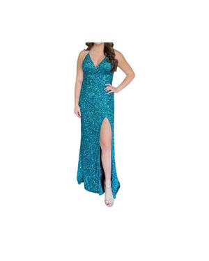 Chandalier V Neck Slit Maxi Dress - Blue