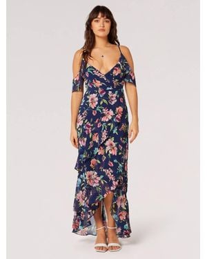 Apricot Watercolor Floral Chiffon Maxi Dress - Blue