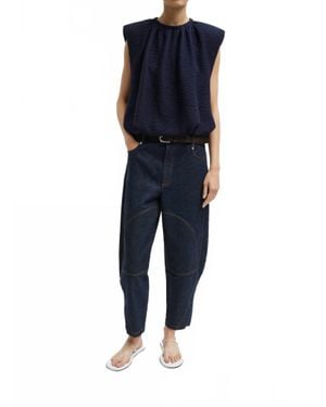 Tibi Quilted Waffle Shirred Neck Top - Blue