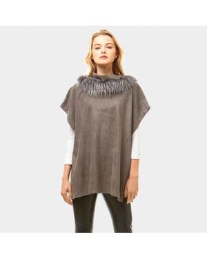 TRUEDAMES Suede Feel Turtle Neck Faux Fur Poncho - Brown