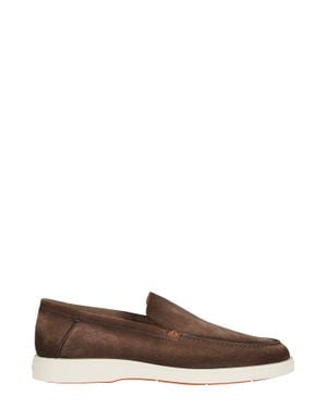 Santoni Detroit Suede Leather Rubber Sole Leather Loafers - Brown