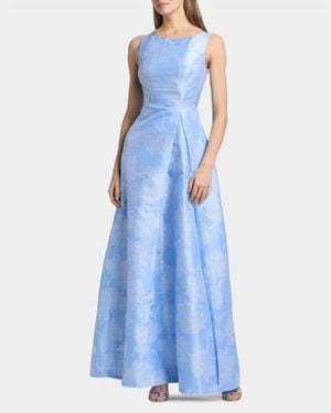 Kay Unger Caitlin Pleated Floral Jacquard Gown - Blue