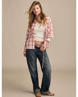 Lucky Brand Cropped Plaid Drapey Shirt - Natural