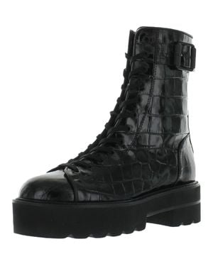 Stuart Weitzman Ryder Leather Croc-Embossed Combat & Lace-Up Boots - Black