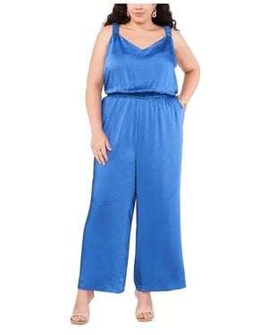 Vince Camuto Jumpsuit Cinched Waist Wide Leg Shoulder Strap Fts1228 - Blue