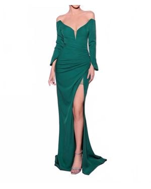 Tarik Ediz Plunging V-Neck Off Shoulder Evening Dress - Green
