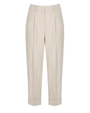 Peserico Cropped Tailored Linen Pants With Bright Light Details - Natural