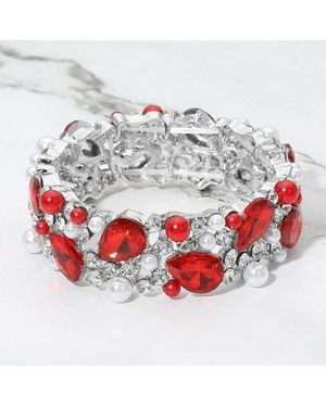 Fashnzfab Glass Crystal Teardrop Pearl Stretch Bracelet - Red