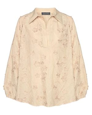 Elena Miro Blusa Kimono Floral Appliqué V-Neck Blouse - Natural