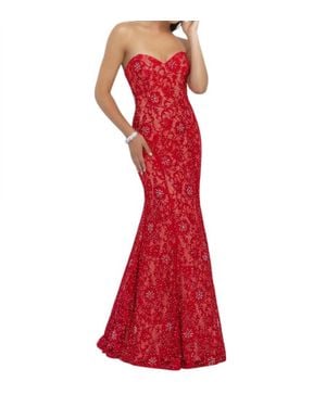 Blush Prom Lace Strapless Mermaid Gown - Red