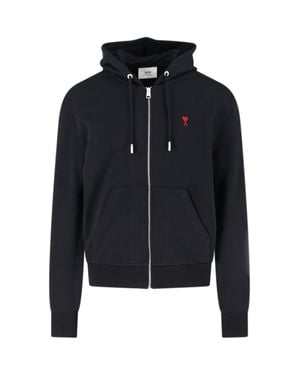 Ami Paris Full-Zip Hooded Sweatshirt With Embroidered Logo - Black