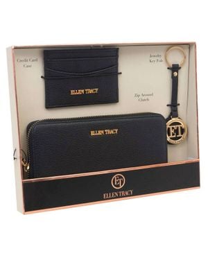 Ellen Tracy 3 Piece Wallet, Id Card Case, & Key Fob Boxed Gift Set - Black